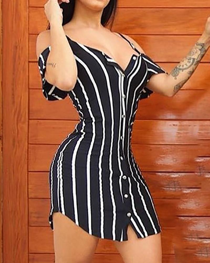 

Cold Shoulder Striped Casual Dress, Black