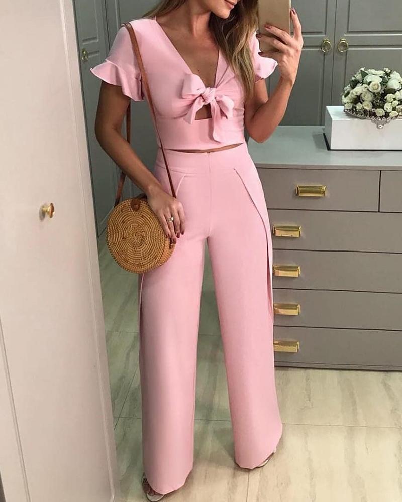 

Solid Knotted Ruffles Top & Pant Sets