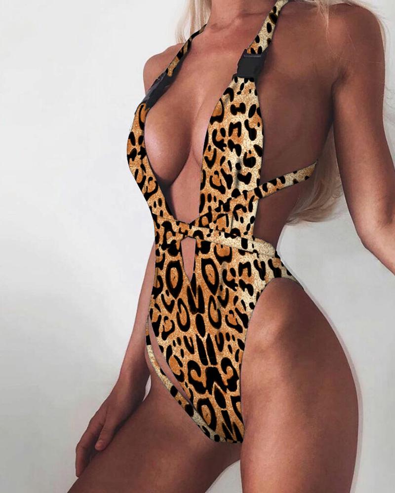 

Print Crisscross Backless One Piece Swimsuit, Leopard
