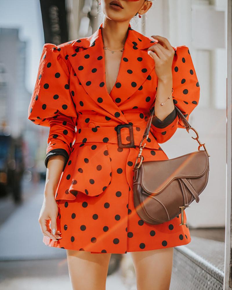

Notched Collar Polka Dot Print Puff Sleeve Blazer Dress, Orange