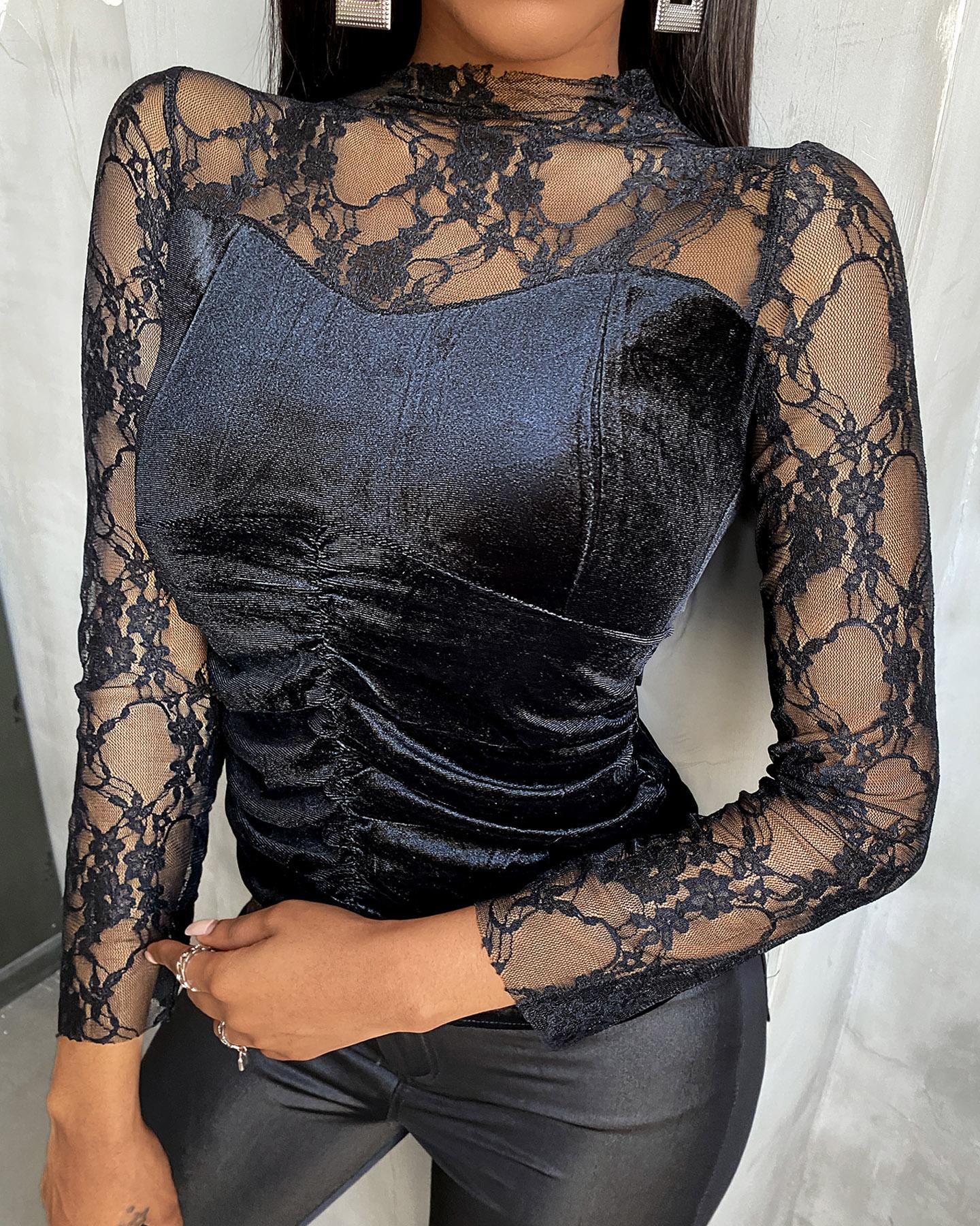 

Lace Velvet Ruched Sheer Mesh Top, Black