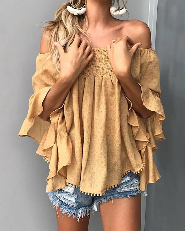 

Solid Shirring Off Shoulder Flare Sleeve Blouse, Yellow