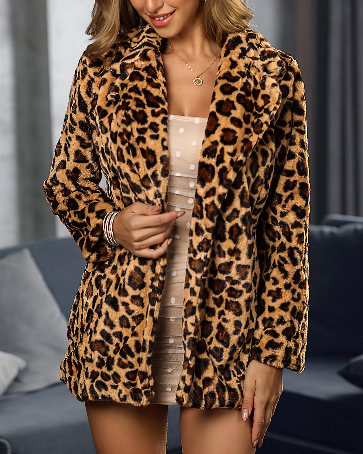 

Leopard Print Casual Faux Fur Coat