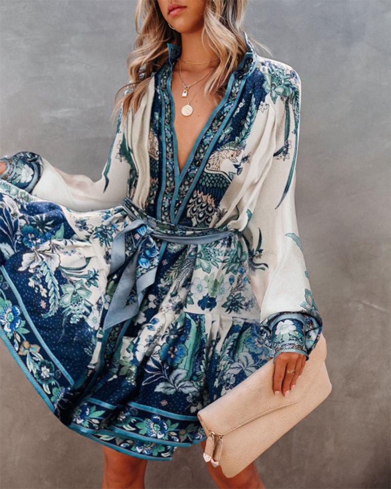 

Floral Print Long Sleeve Lace-up Dress, Blue