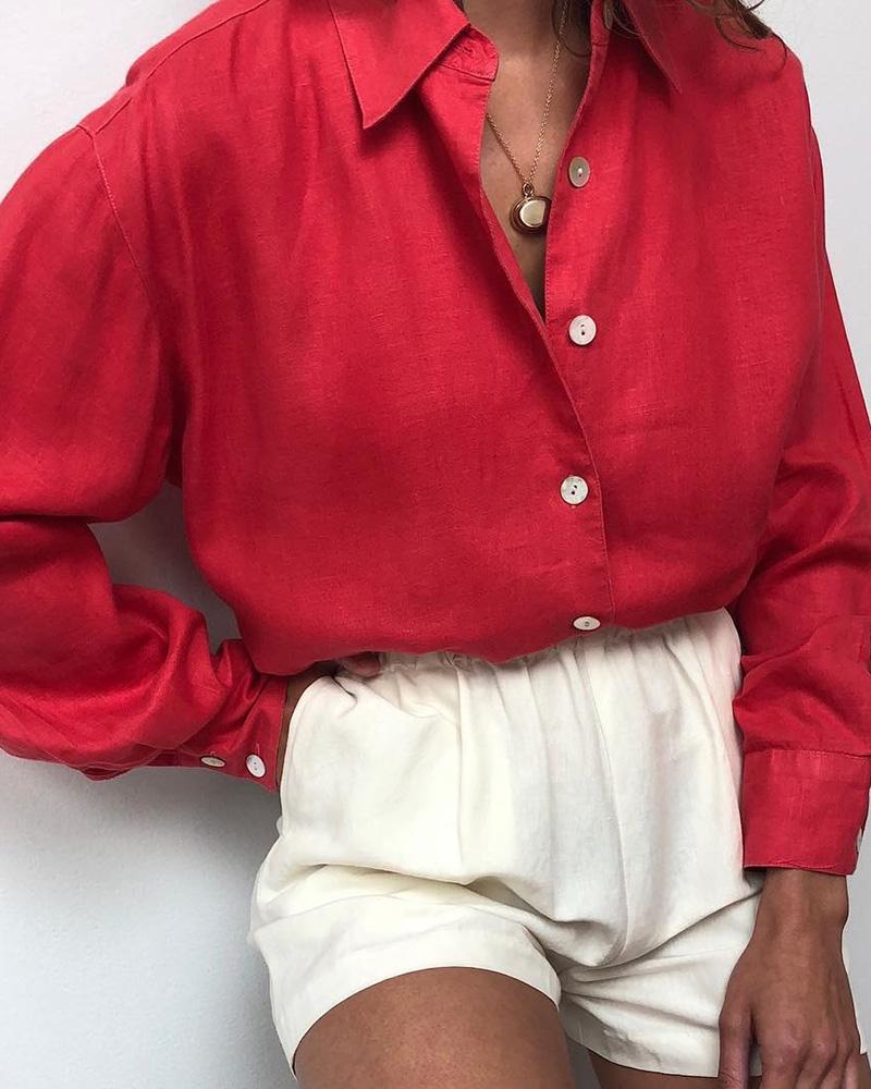 

Solid Button Through Casual Blouse, Red
