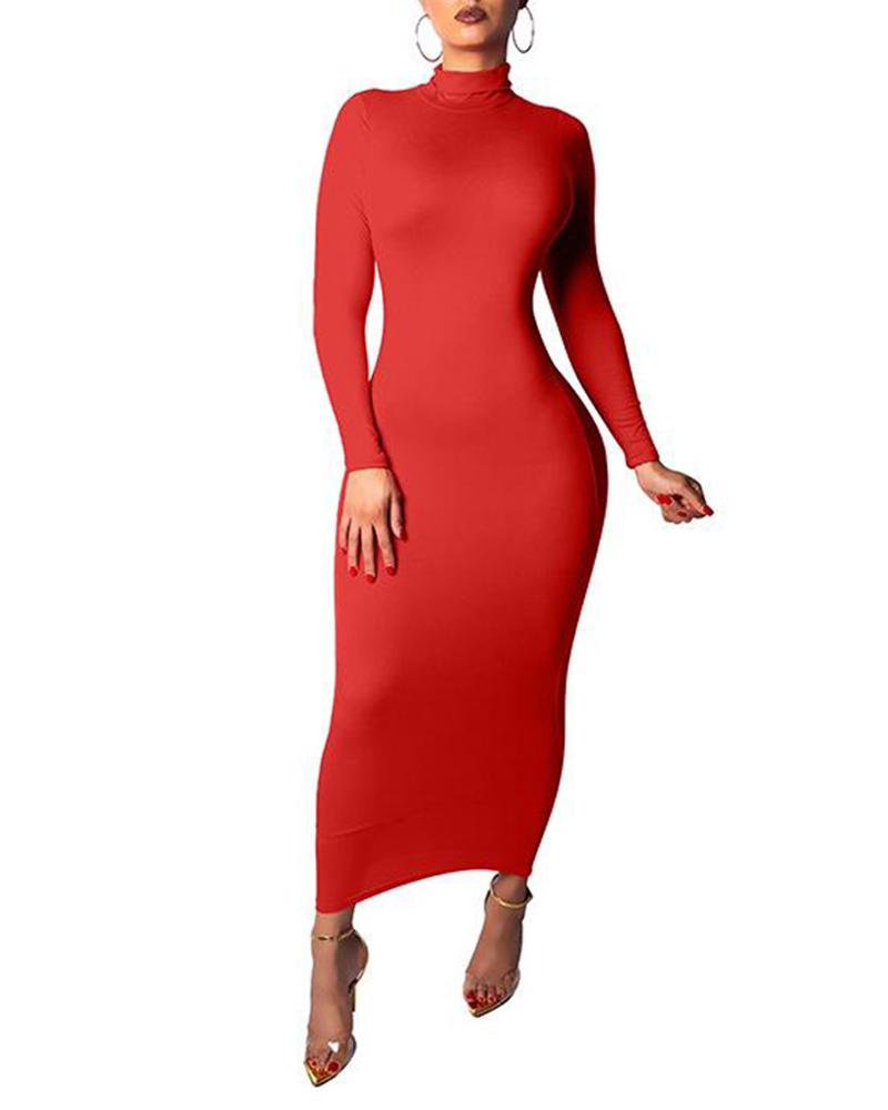 

Solid High Neck Bodycon Midi Dress, Red