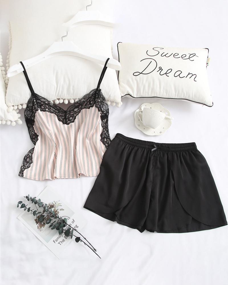 

Guipure Lace Stripe Satin Cami Set, Pink
