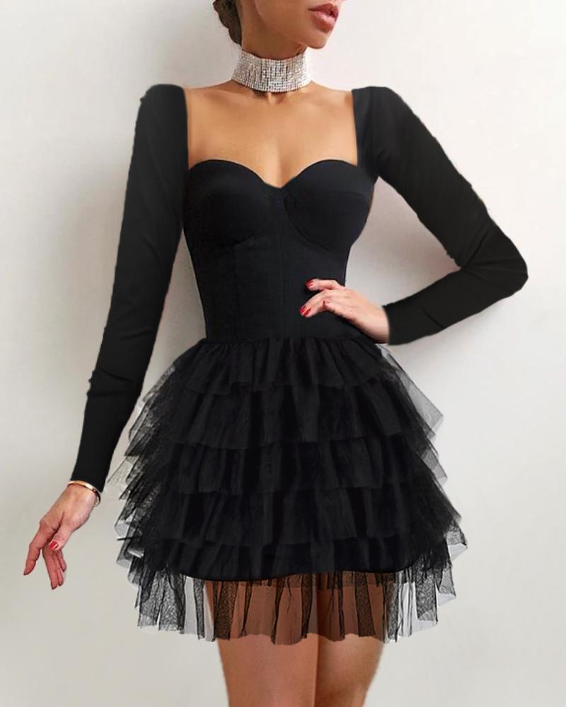 

Sweetheart Neck Binding Layered Mesh Mini Dress, Black