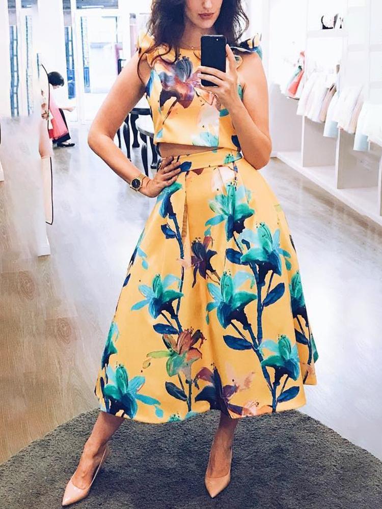 

Floral Print Frills Design Top & Skirt Sets