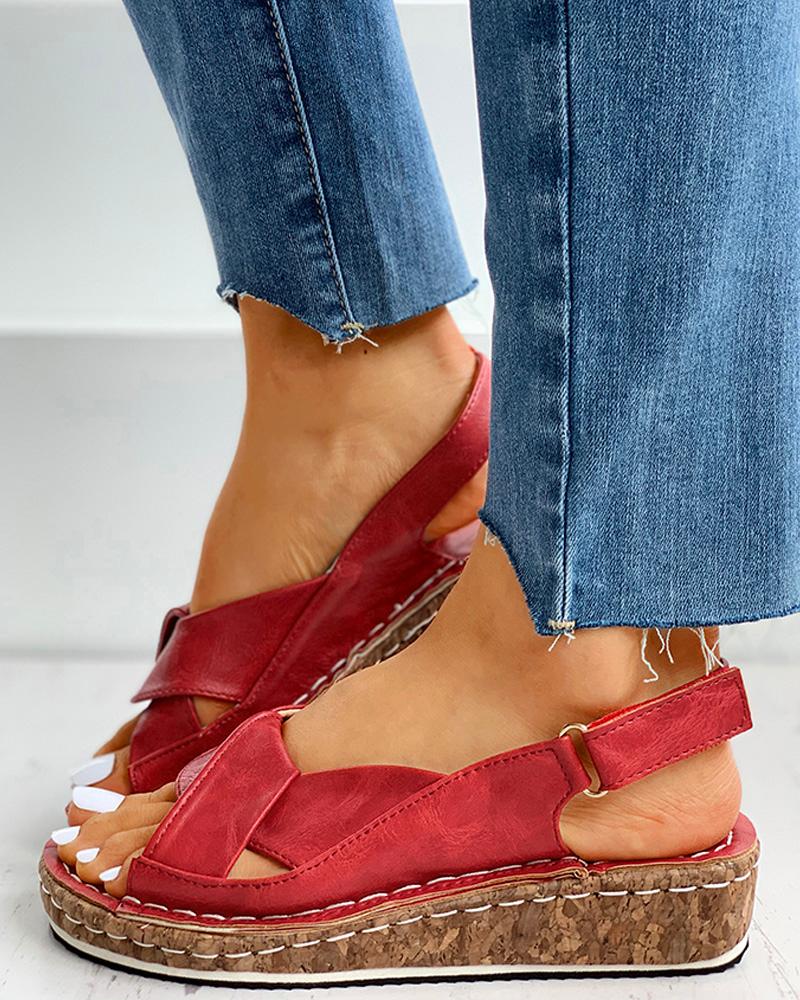 

Cutout Open Toe Velcro Wedge Espadrille Sandals, Red
