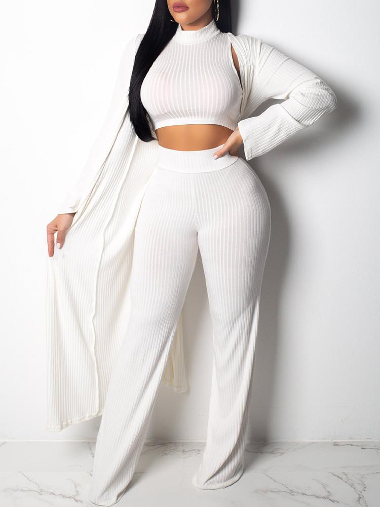 

3PCS Mock Neck Crop Top & Pants With Cardigan, White