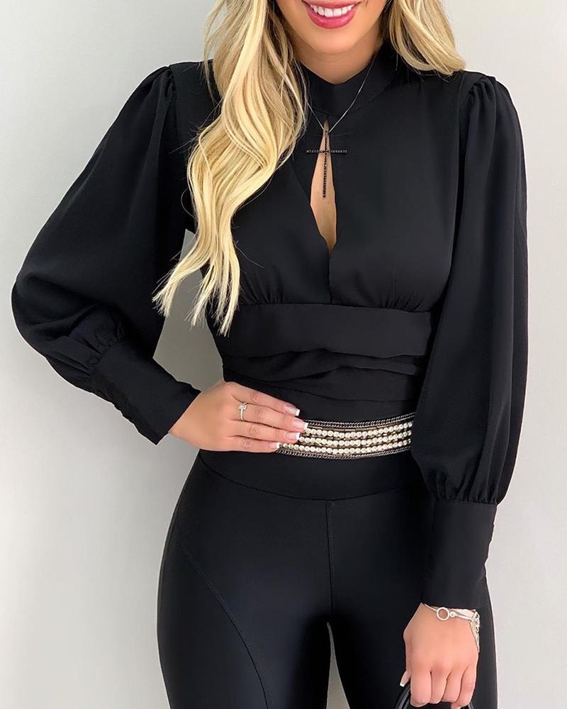 

Cut Out Design Round Neck Solid Blouse, Black