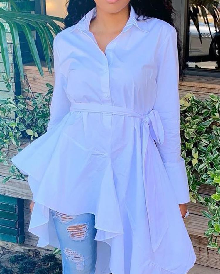 

Solid Long Sleeve Irregular Hem Shirt, White