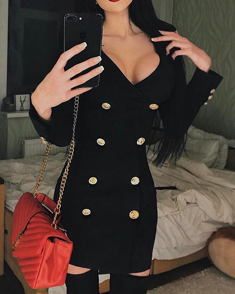 

Double Breasted V Neck Wrapped Dress, Black