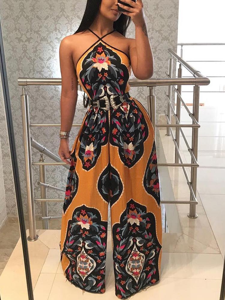 

Halter Vintage Paisley Print Wide Leg Jumpsuit, Multicolor