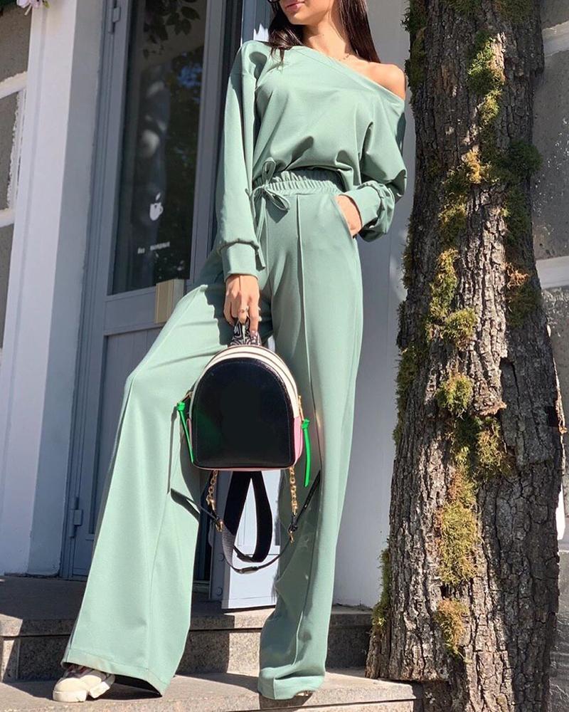 

Solid One Shoulder Drawstring Casual Top & Pant Set, Green