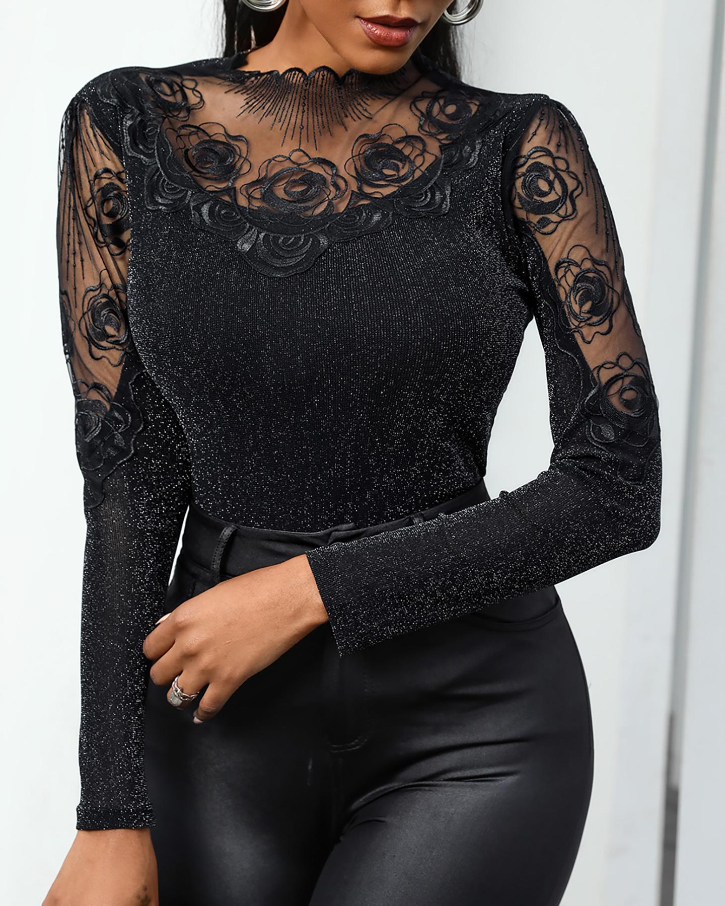 

Solid Embroidery Long Sleeve Mesh Patchwork Skinny T-shirts, Black