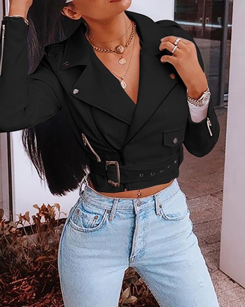 

Zipper Design Solid Leather PU Jacket, Black