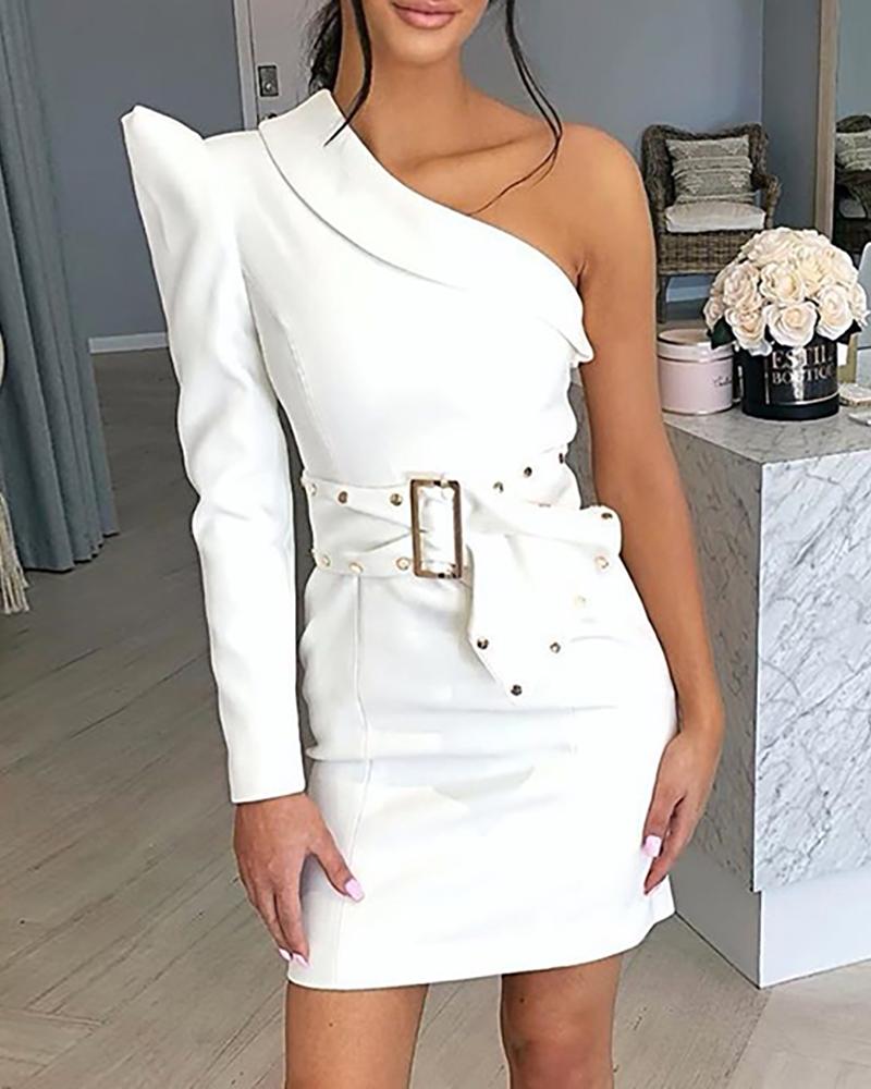 

Solid One Shoulder Puff Sleeve Bodycon Dress, White