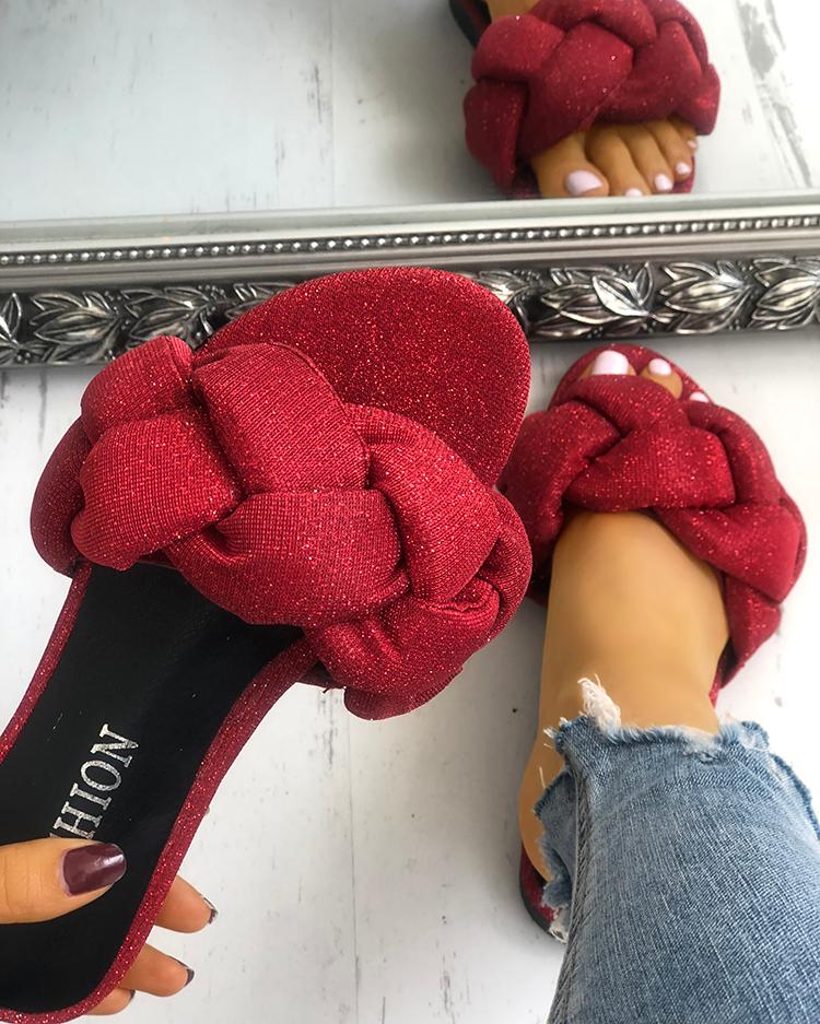 

Glitter Braided Design Flat Sandals, Red