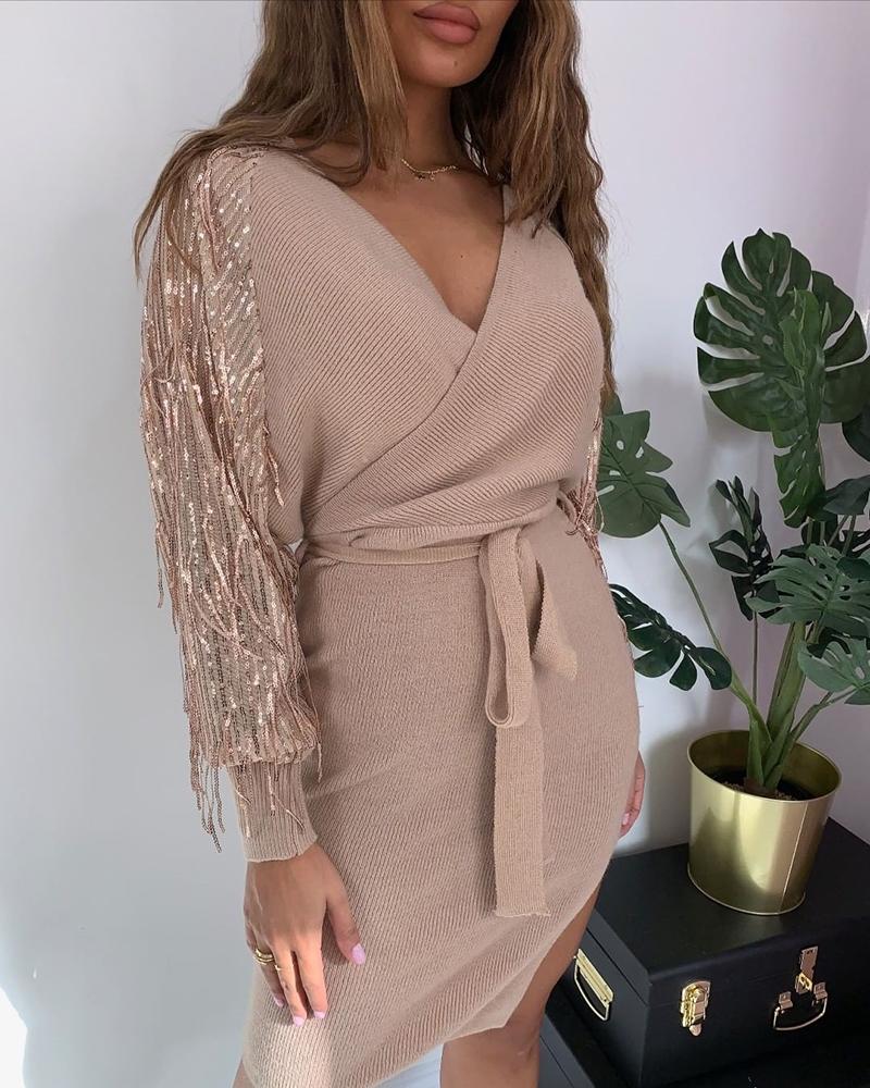 

Solid Patchwork Sequins Tassel Design Sweater Dress, Pink