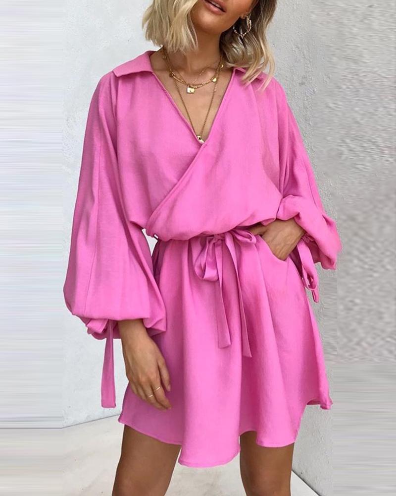 

Solid Color V Neck Casual Dress, Hot pink