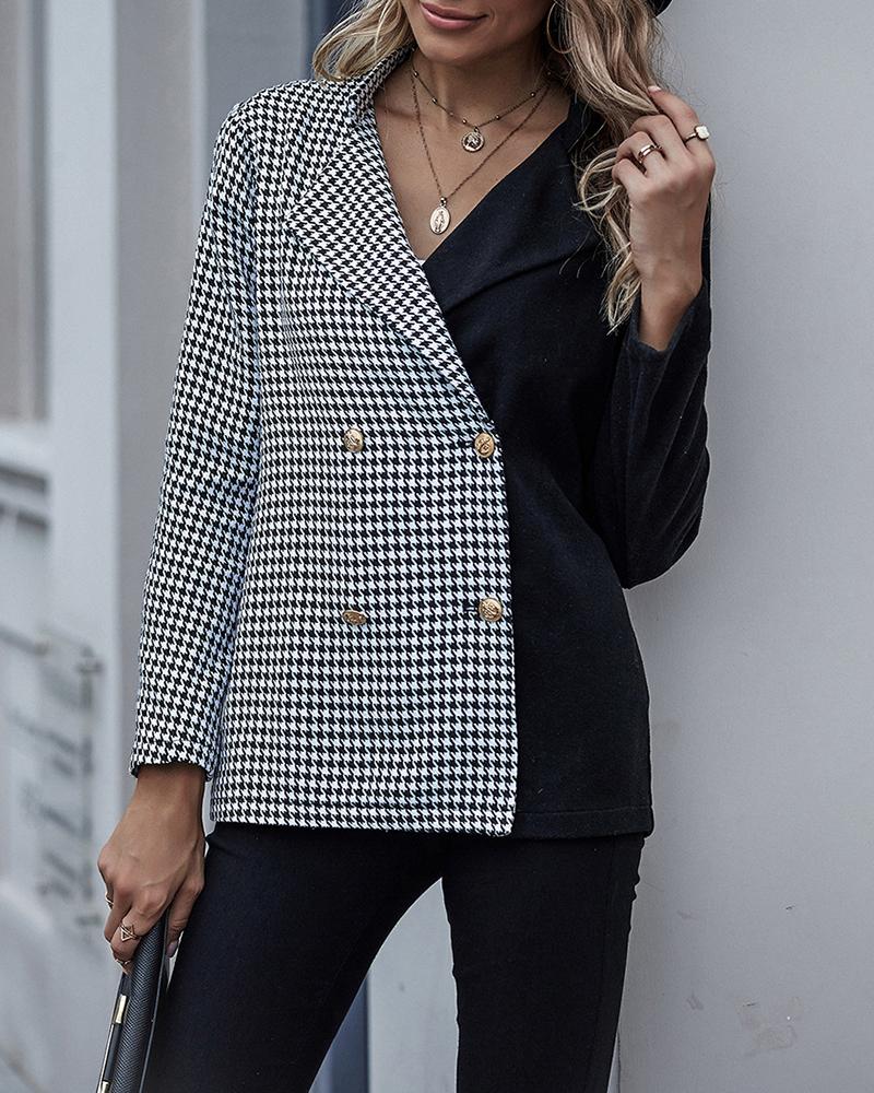 

Houndstooth Colorblock Double Breasted Blazer Coat, Black