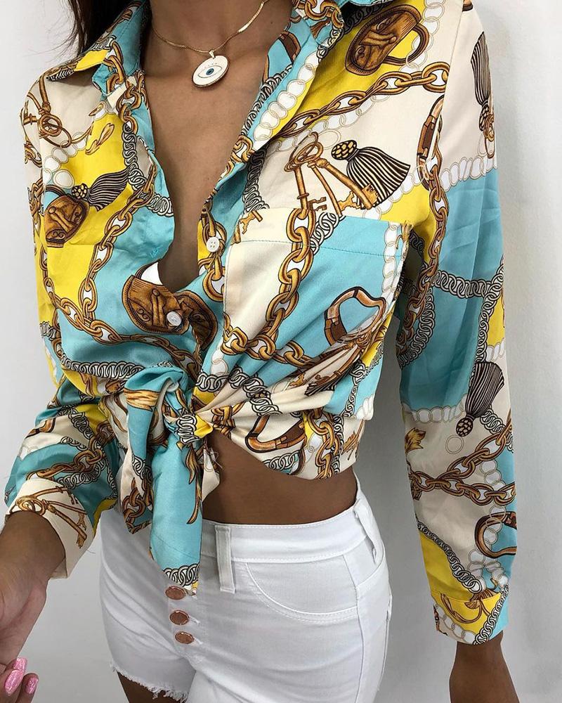 

Chain Scarf Print Button Design Long Sleeve Shirt, Multicolor