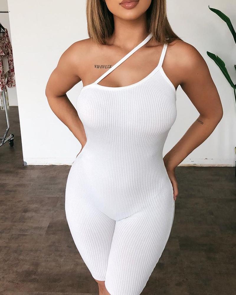 

One Shoulder Spaghetti Strap Ribbed Fitted Romper, White