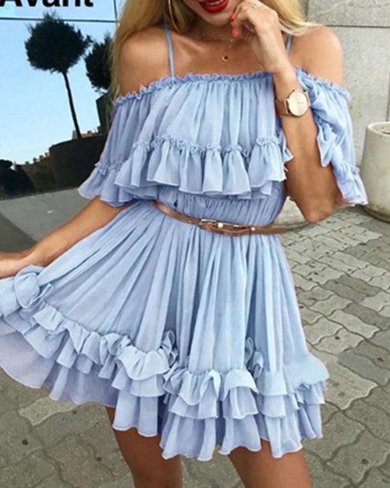 

Cold Shoulder Frill Layered Ruffles Dress, Blue