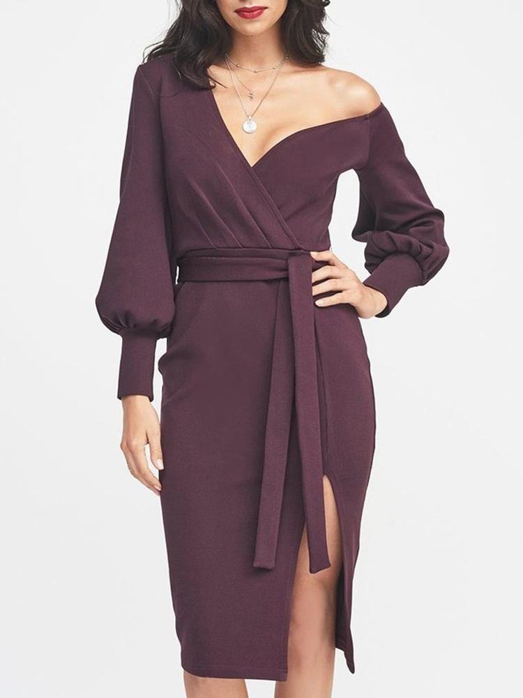 

Lantern Sleeve One Shoulder Slit Belted Dress, Wine red