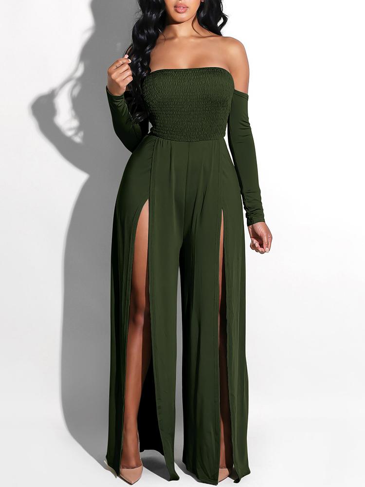 

Solid Shirring High Slit Wide Leg Jumpsuit