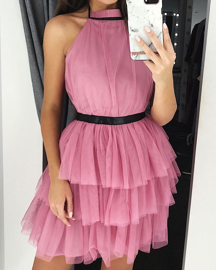 

Halter Layered Mesh Tiered Dress