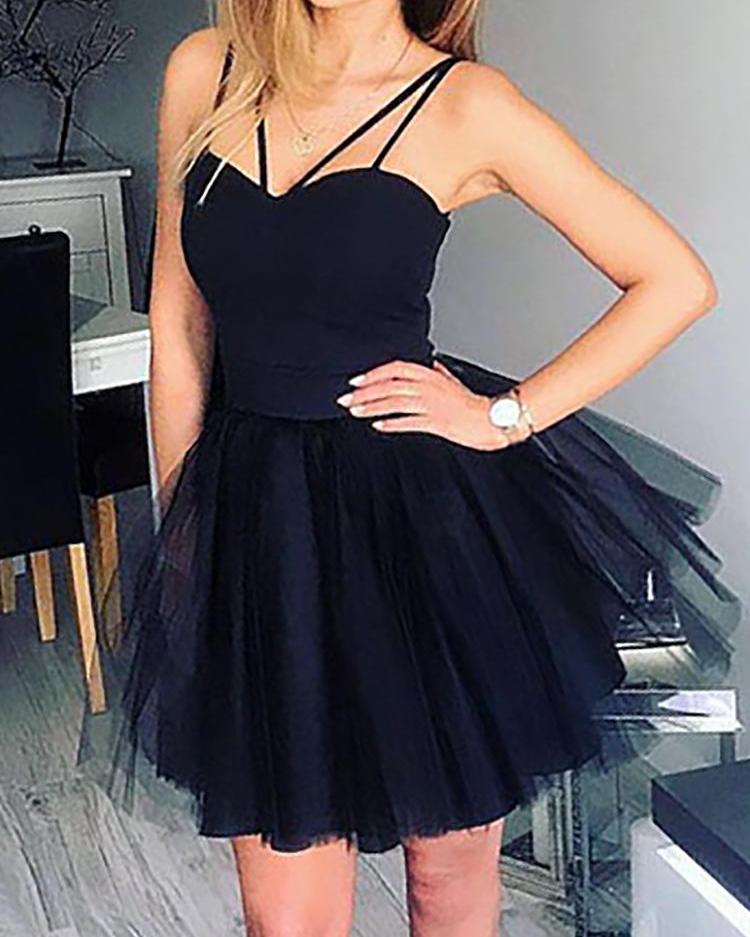 

Mesh Overlay Spaghetti Strap Mini Dress, Black