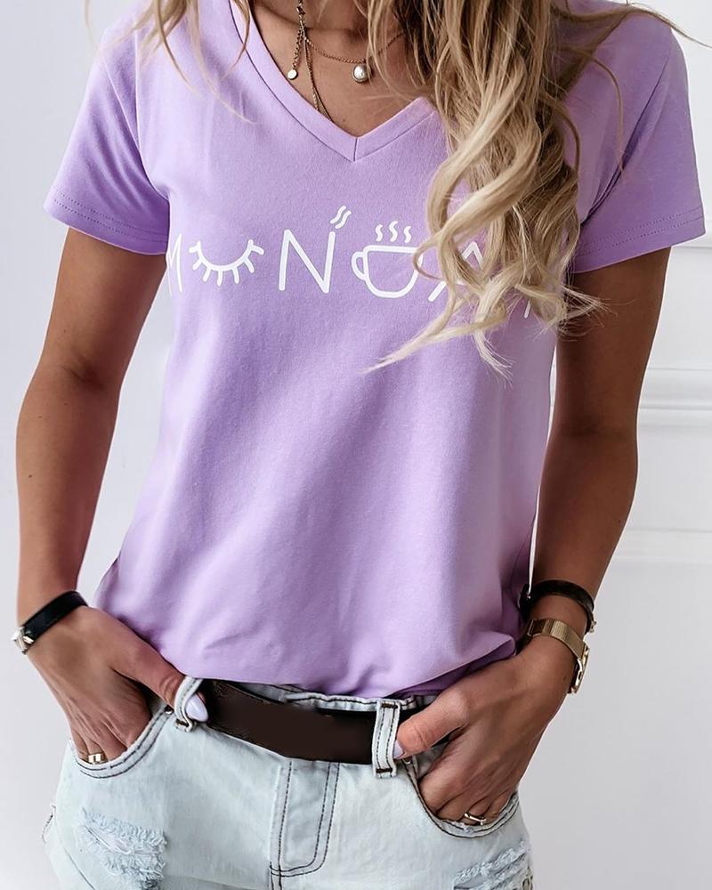 

V-neck Letter Print Casual T-shirt, Purple