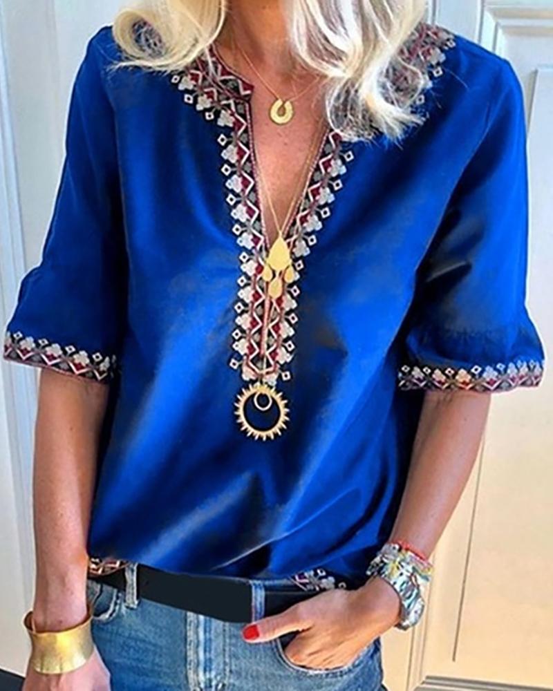 

V Neck Ethnic Print Casual Blouse, Blue