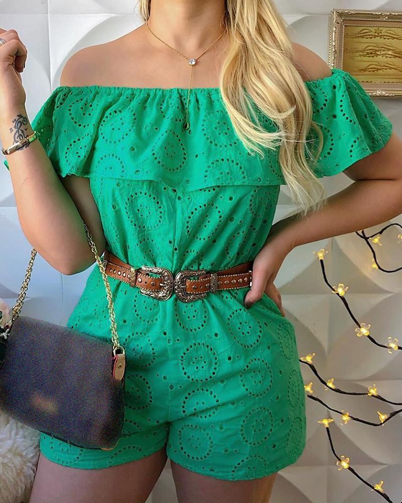 

Off Shoulder Ruffles Broderie Lace Romper, Green