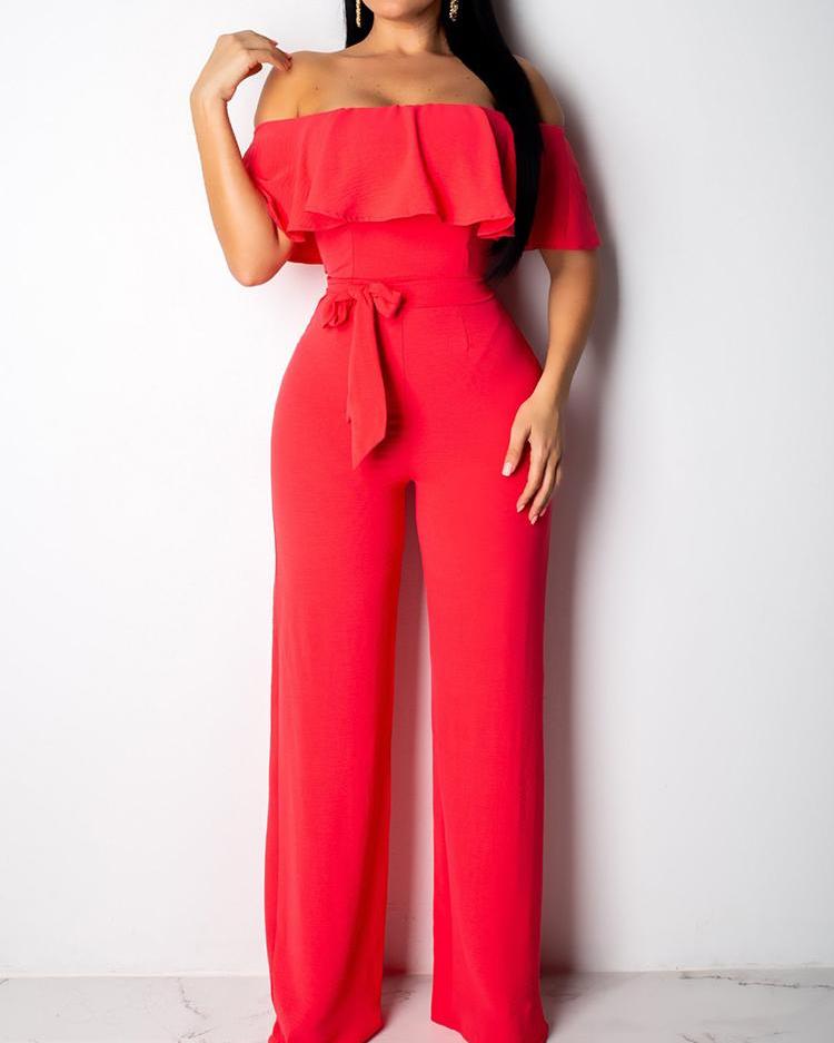 

Off Shoulder Loose Ruffle Jumpsuit, Red