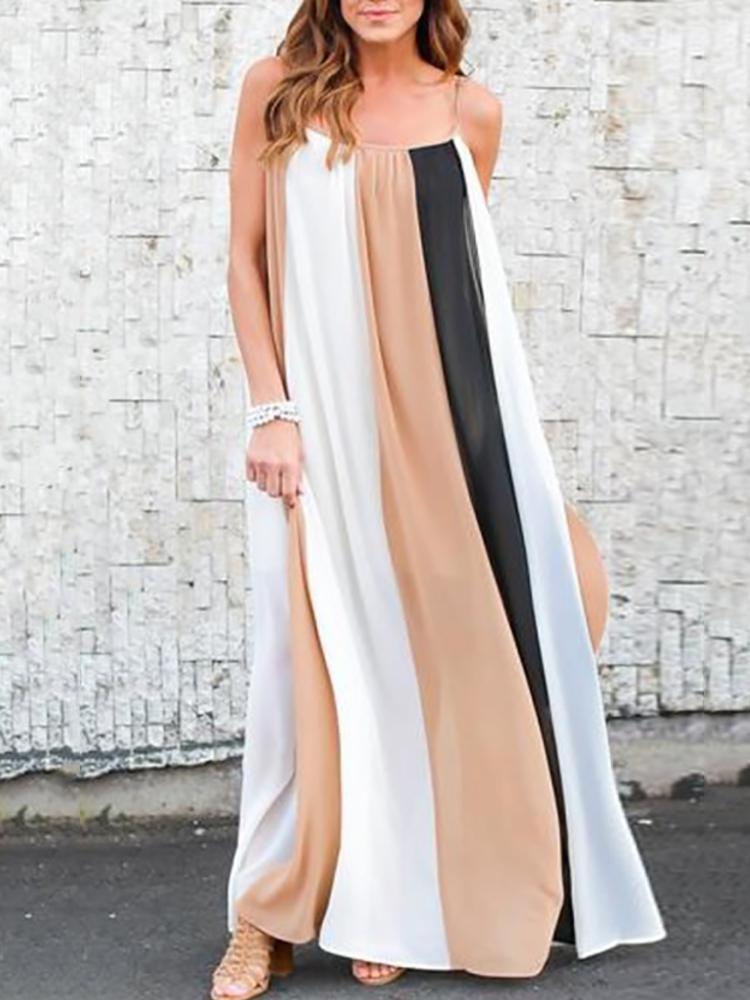 

Contrast Color Strappy Stripes Pleated Maxi Dress, White;blue