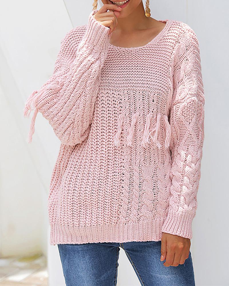 

Solid Tassel Detail Casual Sweater, Pink