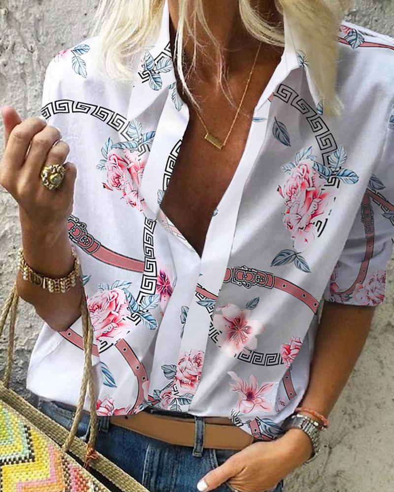 

Floral Chain Print Casual Blouse, White