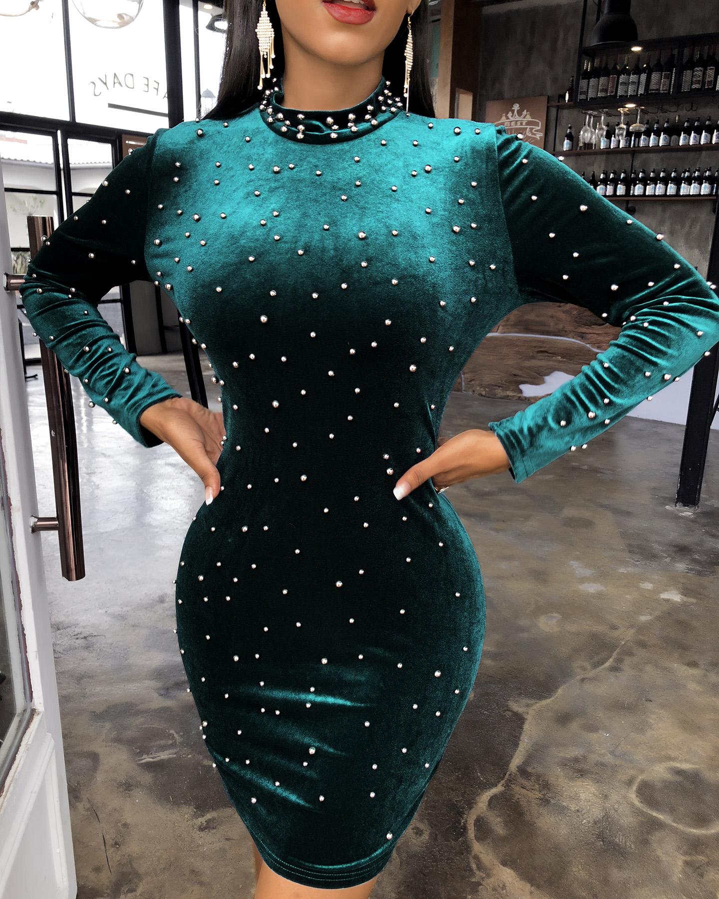

Mock Neck Studded Bodycon Mini Dress, Green