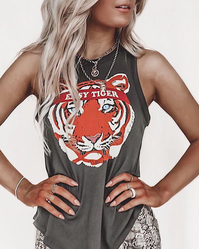 

Tiger Print Casual Tank Top, Gray