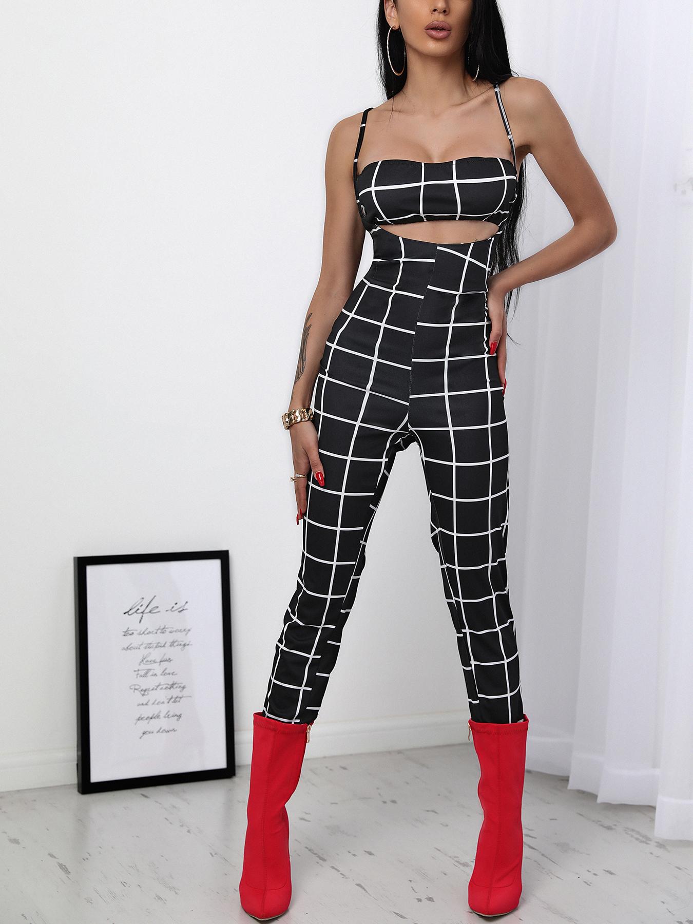 

Plaid Cropped Tube Top& Suspender Pant Sets, Black
