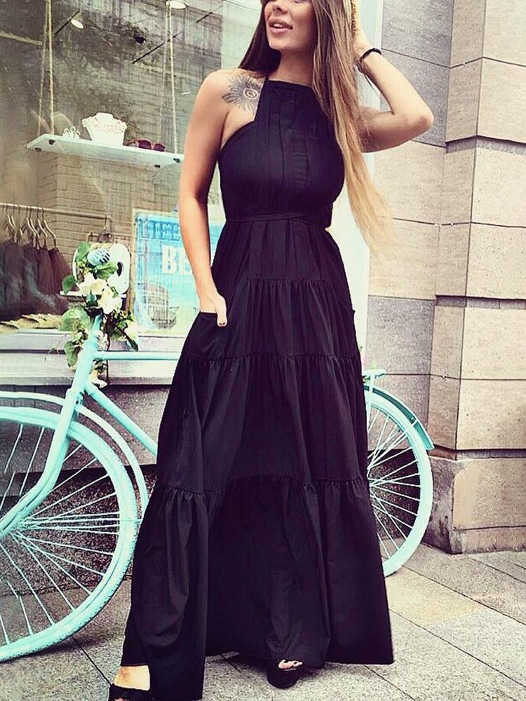 

Solid Pocket Pleated Maxi Dress