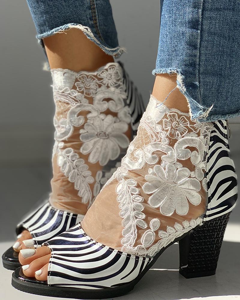 

Zebra Embroidery Peep Toe Chunky Heeled Boots, Black