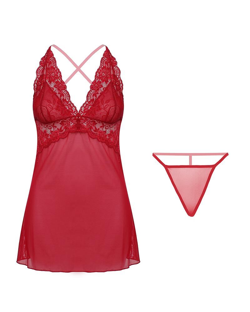 

Scallop Trim Backless Eyelashl Lace Babydoll, Red