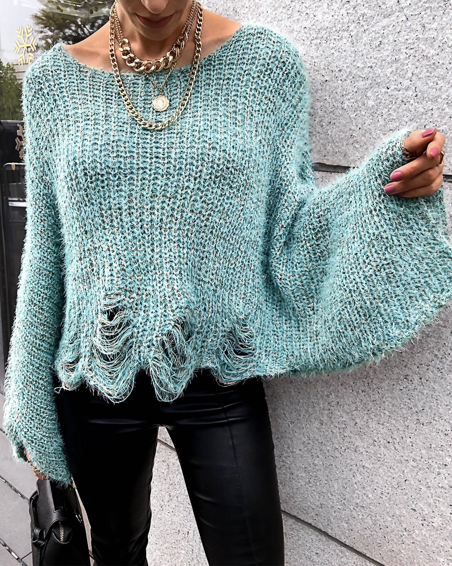 

Bell Sleeve Hollow Out Knit Sweater, Green