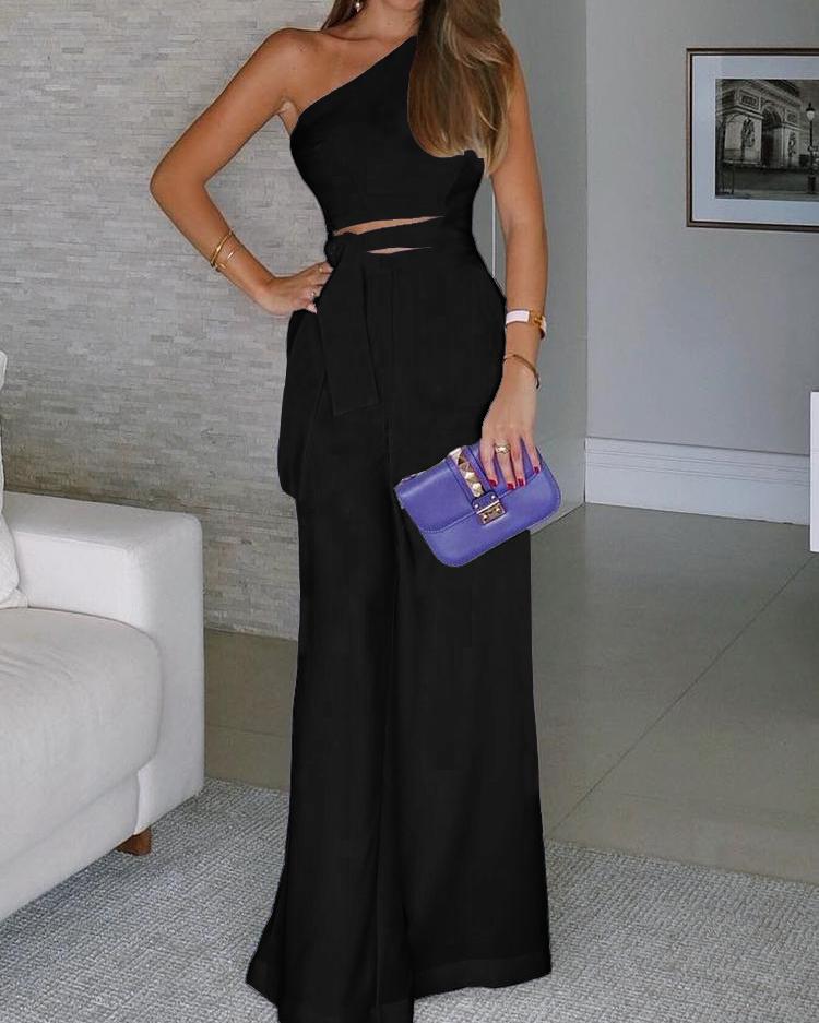 

One Shoulder Cutout Tie Waist Wide Leg Jumpsuit