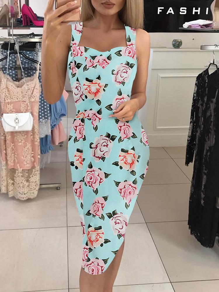 

Floral Print Sweetheart Neck Bodycon Dress, Light blue